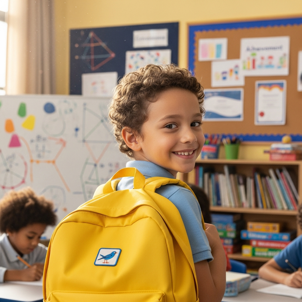 Aluno feliz com mochila
